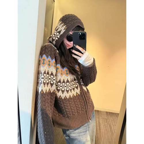 费尔岛提花加厚连帽羊绒