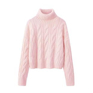 100%纯羊毛衫女秋冬季高翻领麻花宽松加厚毛衣针织短款上衣内搭