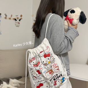 原创可爱kitty卡通印花帆布包大容量外出便携双肩包少女心束口包