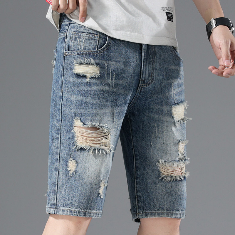乞丐破洞牛仔短裤男士宽松外穿男款休闲中裤子五分夏季薄款大裤衩