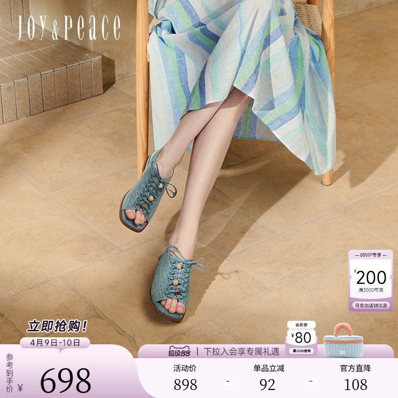 真美诗椰林海岸春新款复古牛仔蓝单鞋鱼嘴罗马凉鞋女AJ608AL5