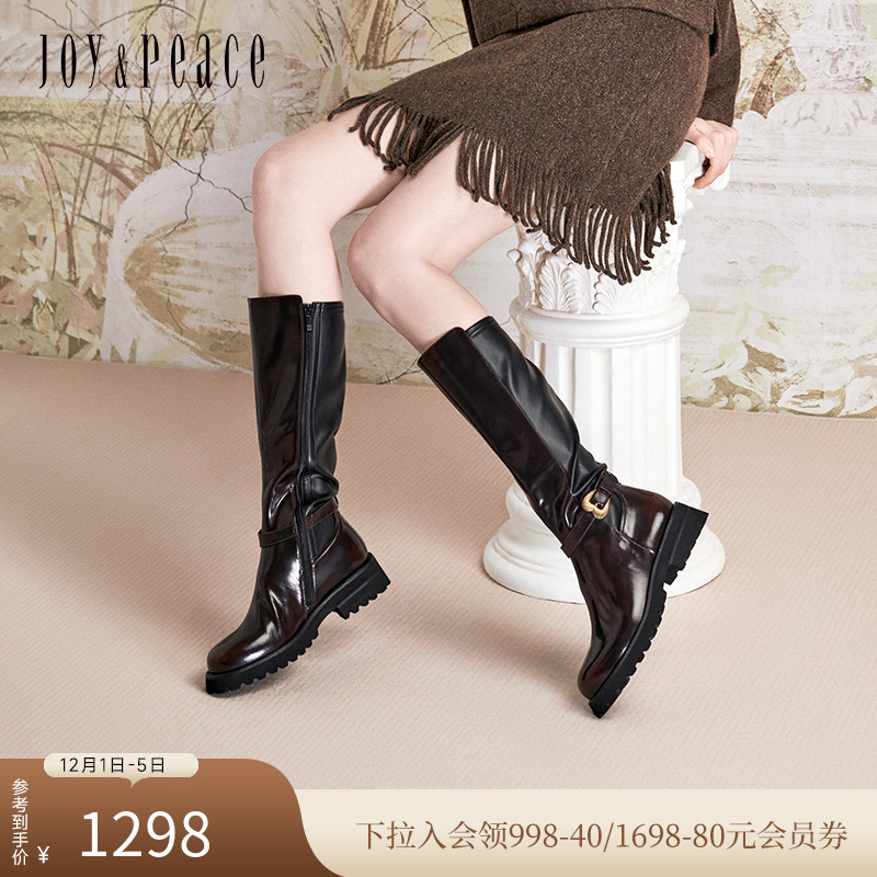 光泽牛皮 复古桃心扣 4.5cm厚底骑士靴