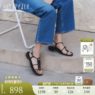 真美诗黑白琴键2026夏新款 女 牛皮如意纽结显瘦一字带平底罗马凉鞋