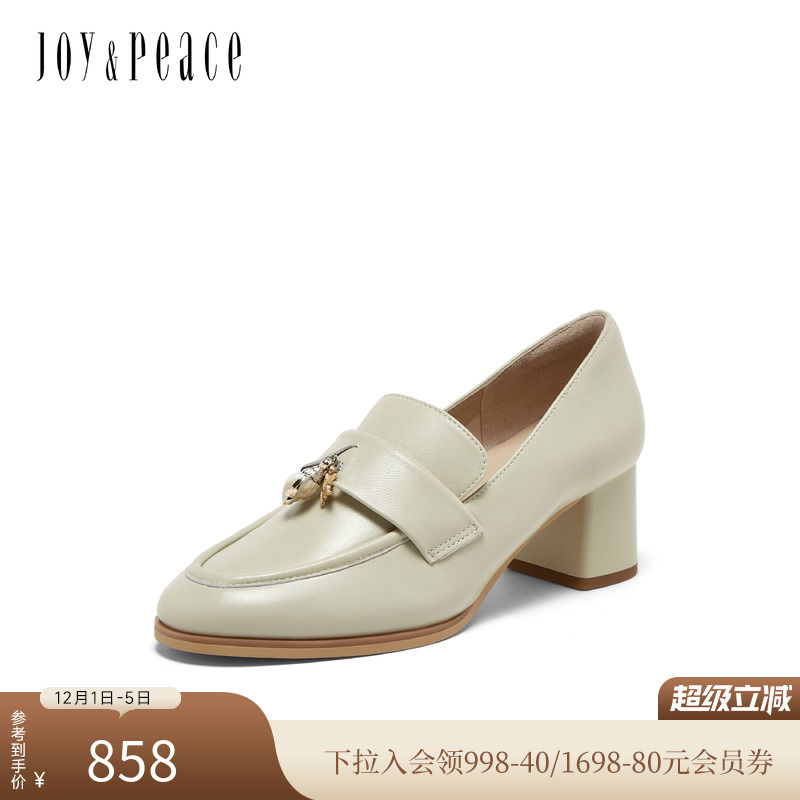 真美诗羊皮气质粗跟乐福鞋