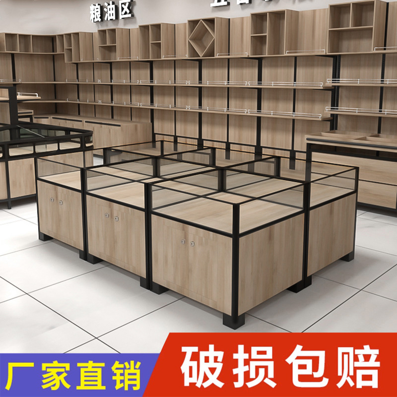 超市货架展示架展示台展柜台钢木玻璃陈列架散称粮架食品柜