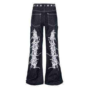 女微喇叭裤 y2k轻亚文化辣妹高街重工刺绣拼接牛仔裤 ins 蚀月镜