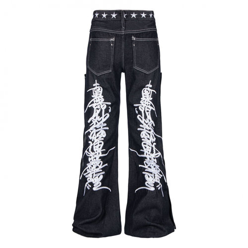 【蚀月镜】y2k轻亚文化辣妹高街重工刺绣拼接牛仔裤女微喇叭裤ins