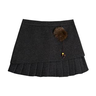 饰设计感A字短裙 辣妹毛呢拼接百褶半身裙女高腰毛球装 蚀月镜