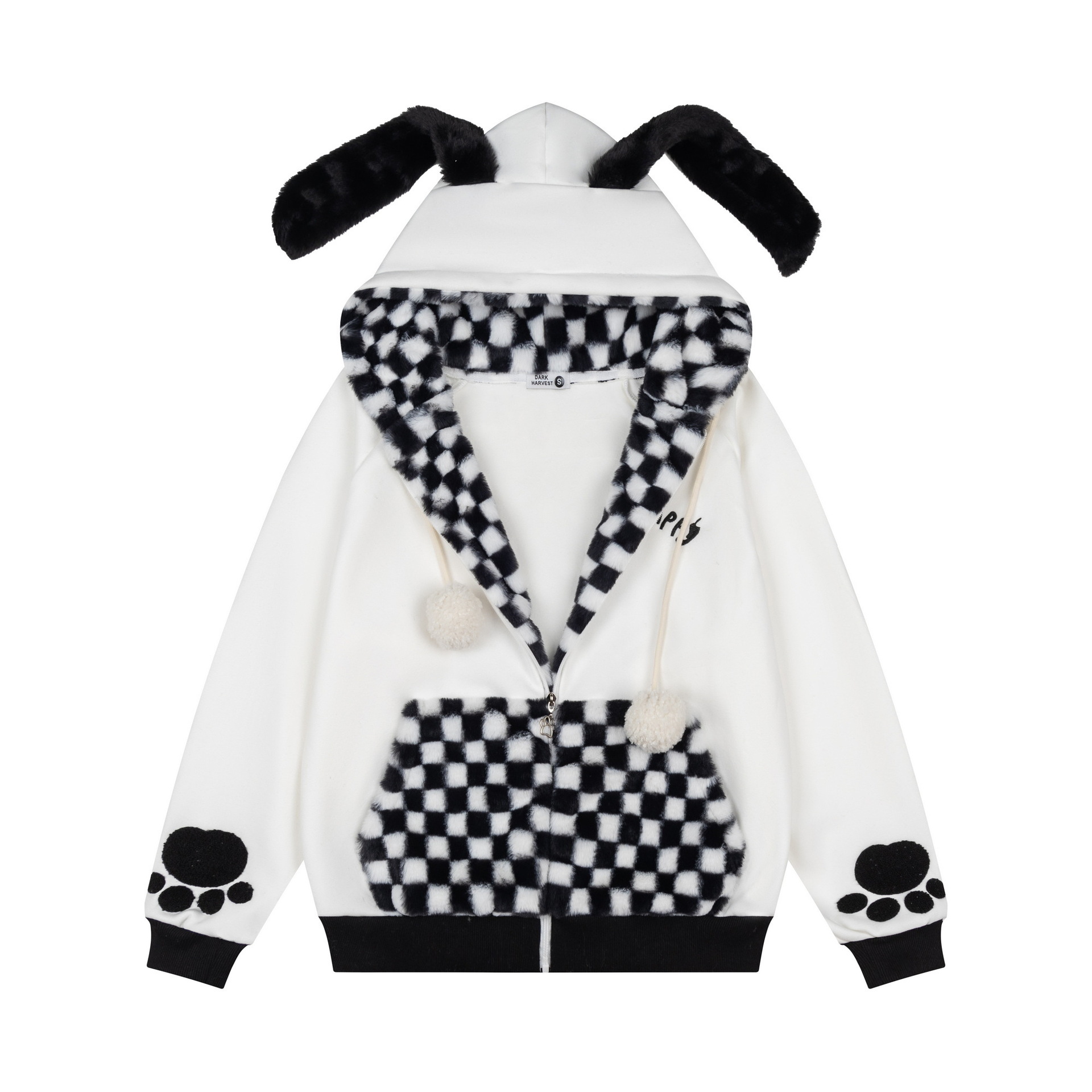【蚀月镜】y2k轻亚萌二次元兔耳朵格子拼接连帽卫衣加绒宽松外套