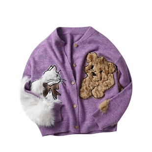 毛衣女紫色宽松ins y2k千禧风可爱卡通动物贴布针织开衫 蚀月镜