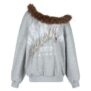 辣妹可拆卸毛领斜肩卫衣女秋冬加绒宽松显瘦上衣 美式 蚀月镜