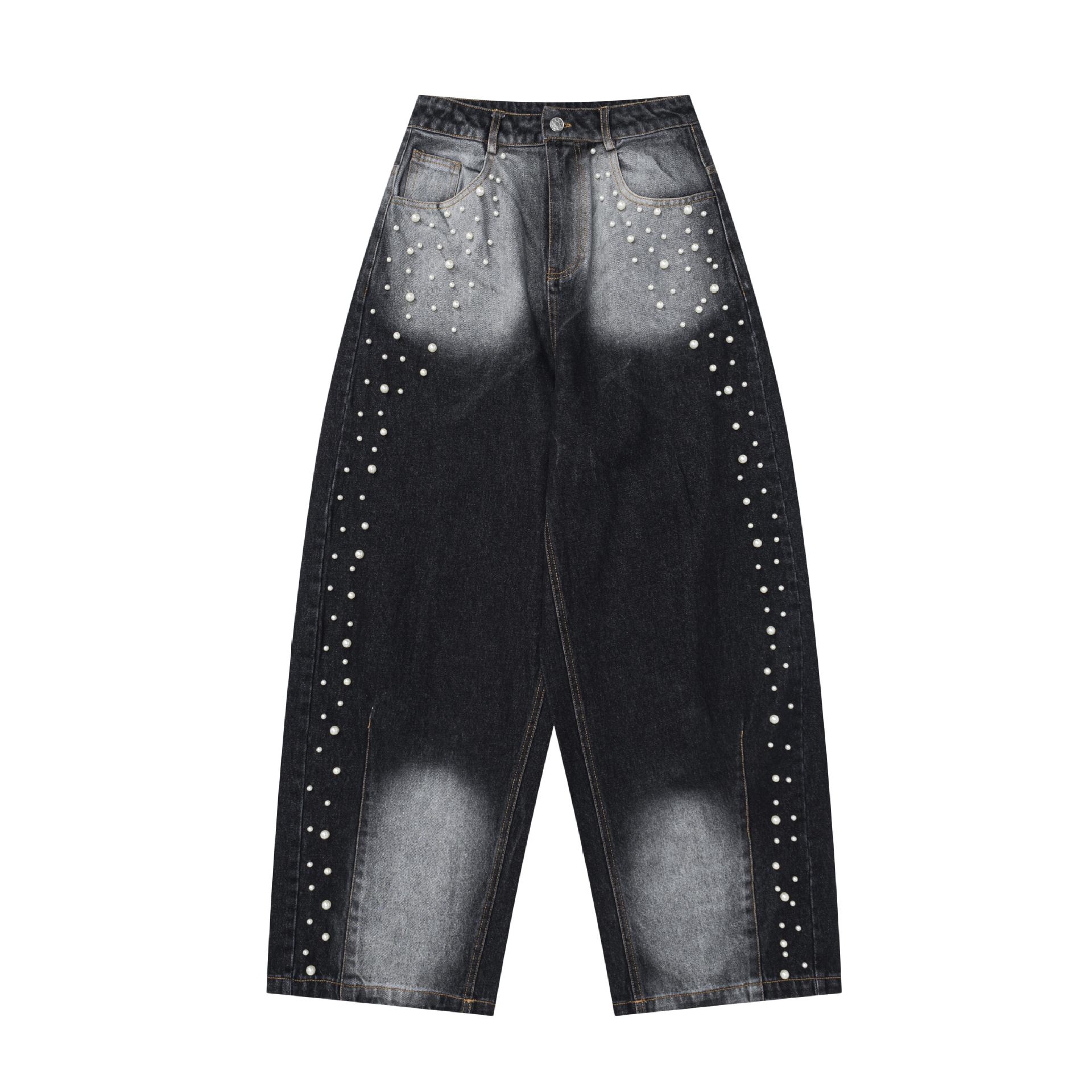 【蚀月镜】y2k轻亚千禧辣妹珍珠装饰水洗牛仔裤女宽松阔腿长裤子