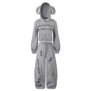 女秋冬加绒卫裤 高街连帽卫衣套装 y2k轻亚文化美式 潮牌 蚀月镜