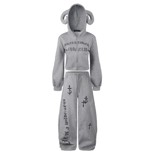 【蚀月镜】y2k轻亚文化美式高街连帽卫衣套装女秋冬加绒卫裤潮牌