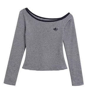 蚀月镜 显瘦短款 美式 T恤女修身 上衣 复古辣妹条纹斜领露肩长袖