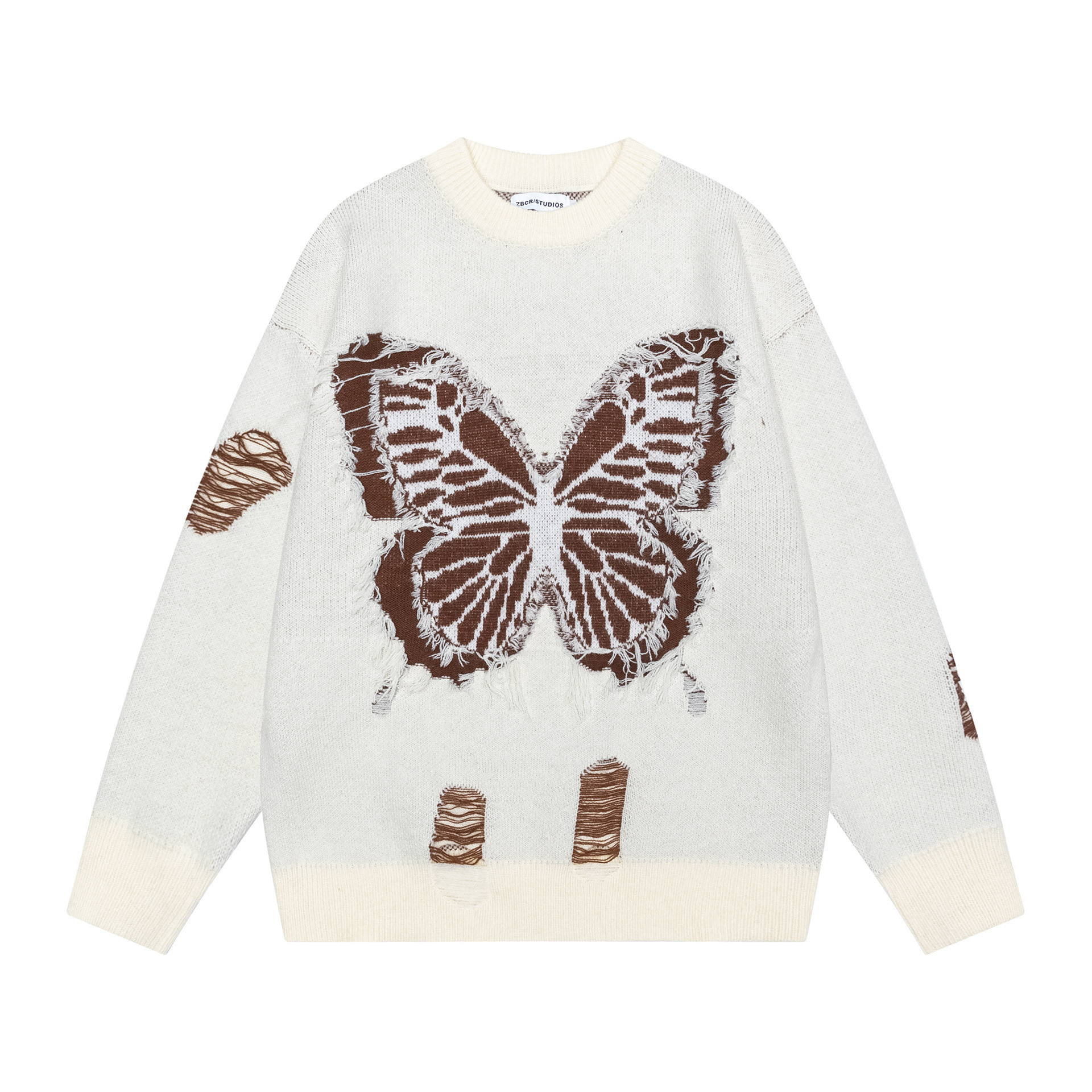 【蚀月镜】y2k轻亚上衣破洞蝴蝶提花毛衣女撞色宽松百搭针织衫ins