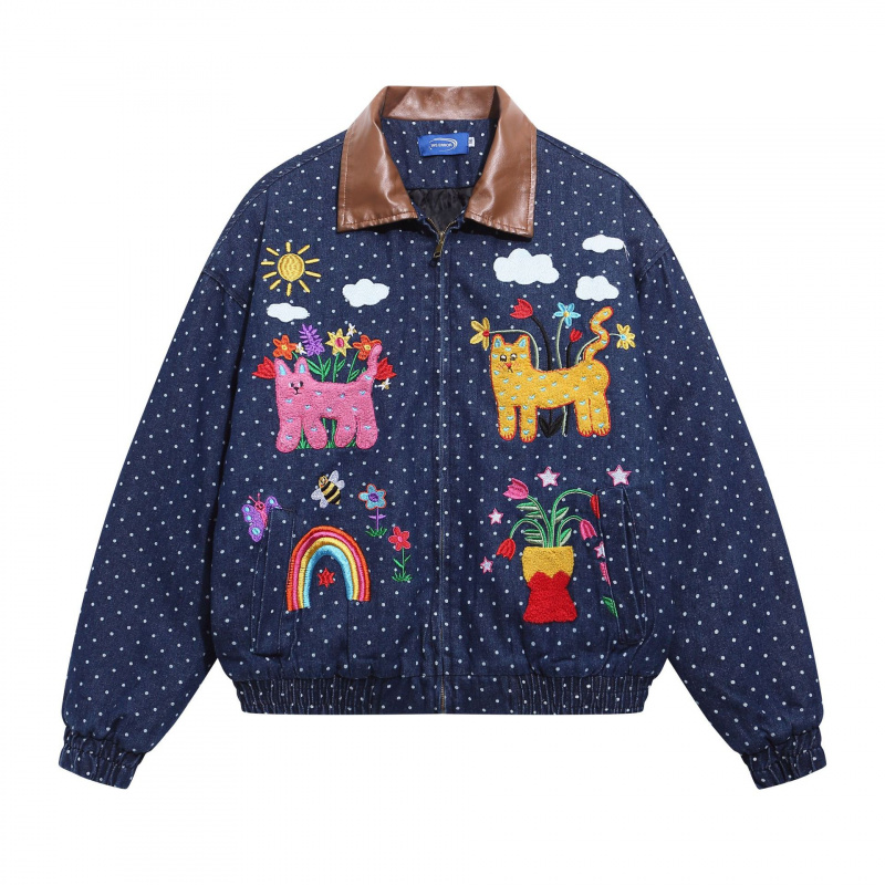 【蚀月镜】y2k千禧风卡通趣味猫咪刺绣波点翻领棉服女宽松外套ins