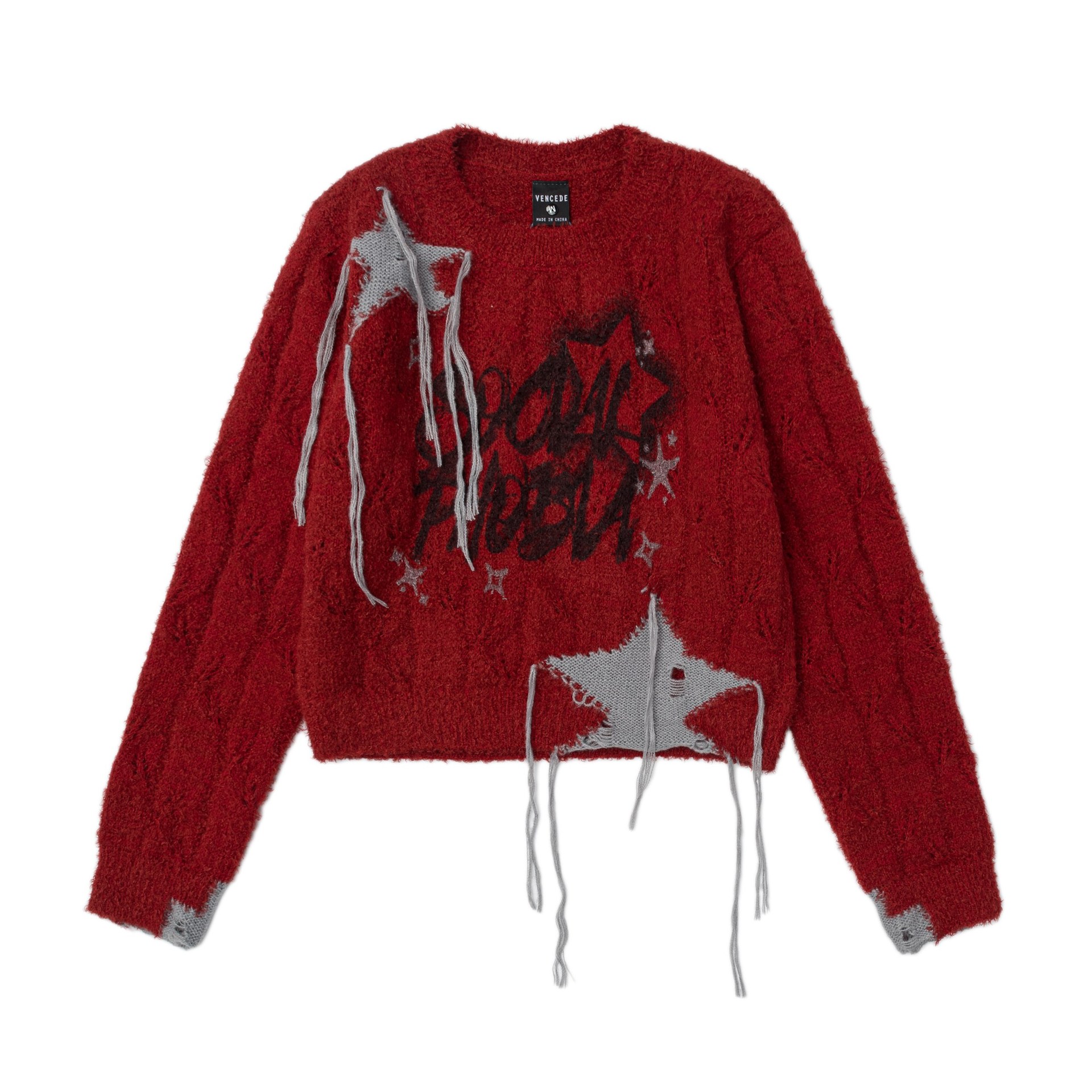 【蚀月镜】y2k轻亚文化嘻哈破洞流苏毛衣女红色短款针织衫上衣ins