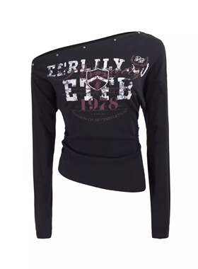 千禧辣妹朋克y2k轻亚文化上衣斜领露肩长袖T恤不对称下摆修身显瘦