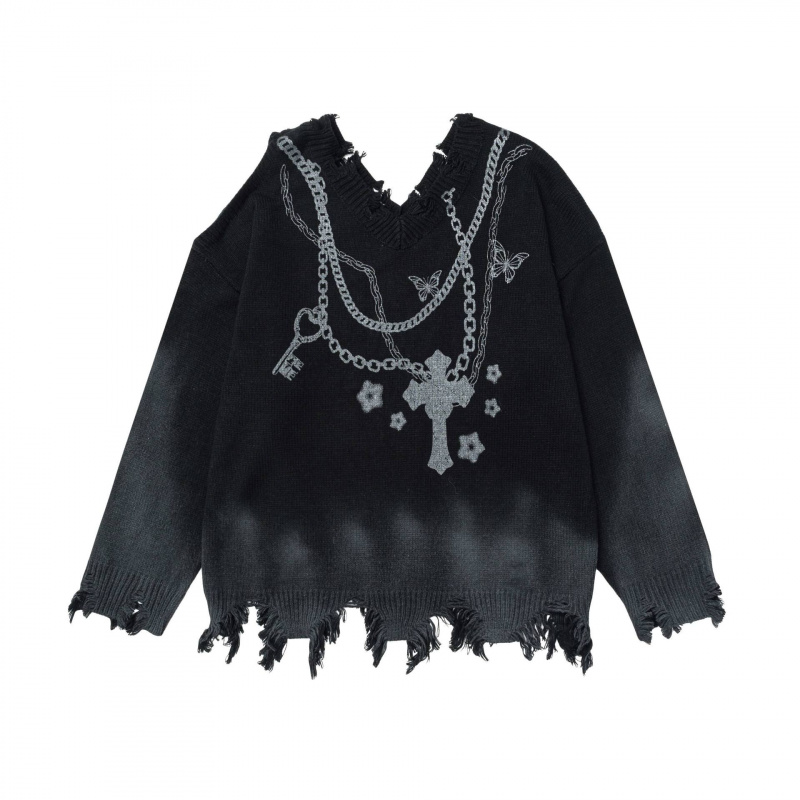 【蚀月镜】y2k亚文化朋克暗黑系十字架链条印花毛衣女破洞针织衫