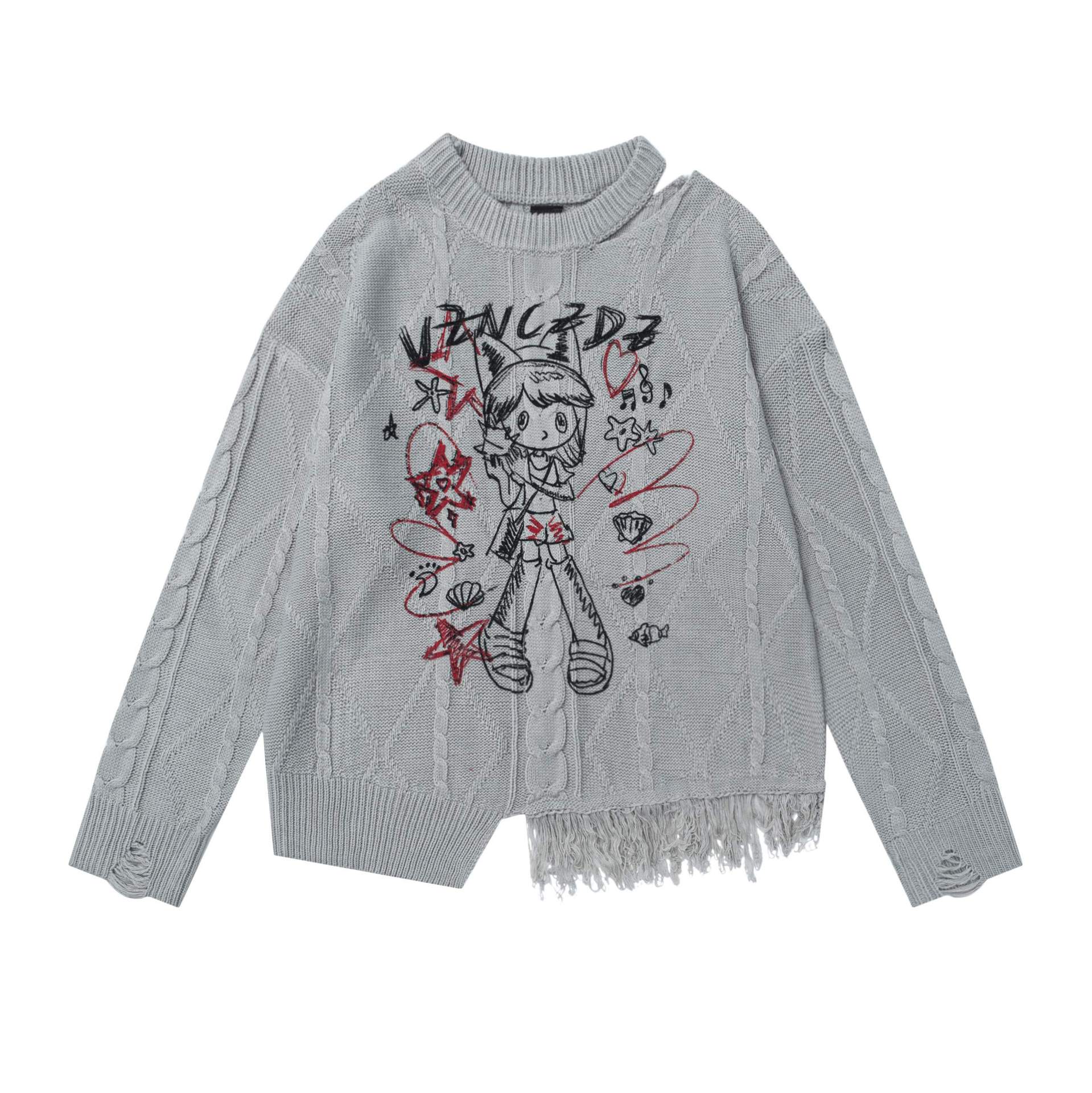 【蚀月镜】y2k轻亚卡通动漫印花针织毛衣女秋冬宽松露肩流苏上衣