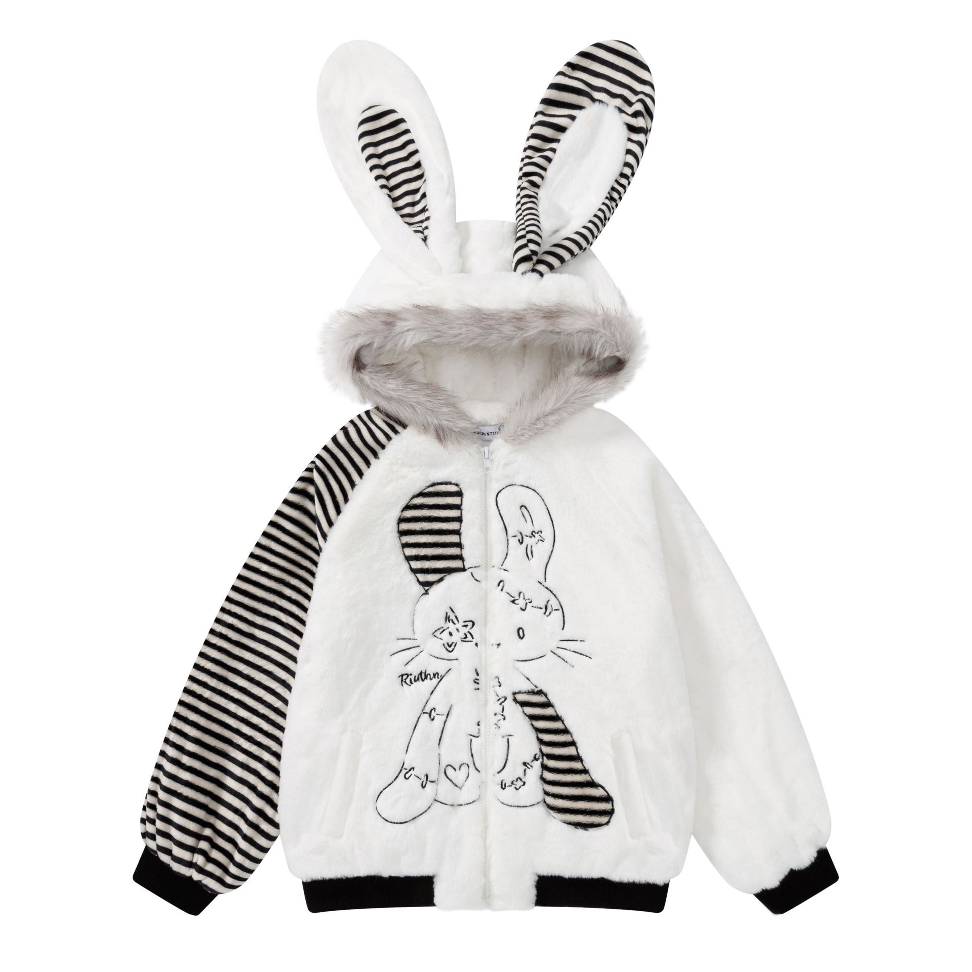 【蚀月镜】y2k千禧亚文化兔耳朵条纹撞色刺绣毛领连帽棉衣女外套