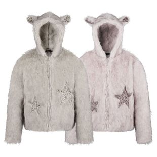 y2k亚比文化星星刺绣豹纹耳朵连帽棉服女冬季 加厚棉衣毛毛外套装