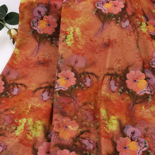 秋冬国风橘色满花加厚印花布  羊毛蚕丝打底衫保暖内衣面料现货