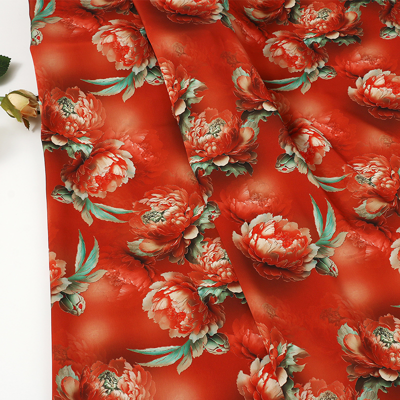 丹火醉花香云纱醋酸缎 中老年女装旗袍连衣裙面料 大红色碎花布