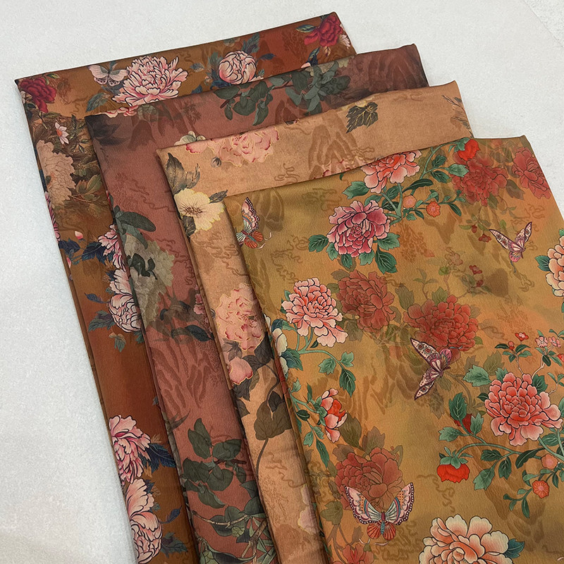 国风牡丹重磅红云纱印花面料 女装旗袍汉服马面裙仿香云纱布料