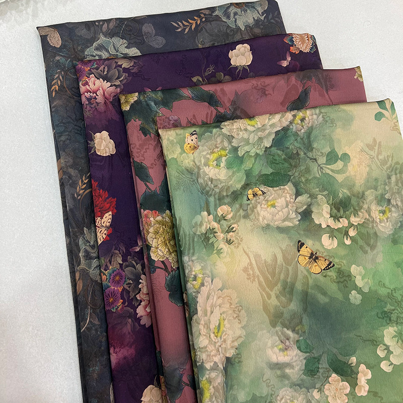 古韵蝶恋花重磅红云纱印花面料 女装旗袍汉服马面裙仿香云纱布料