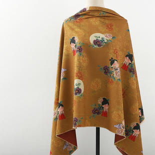 古风仕女印花布 面料 重磅龟纹提花印花面料 旗袍汉服连衣裙服装