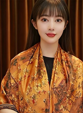 国风百子图双面花萝大方巾140*140cm  新中式中老年丝巾披肩围巾