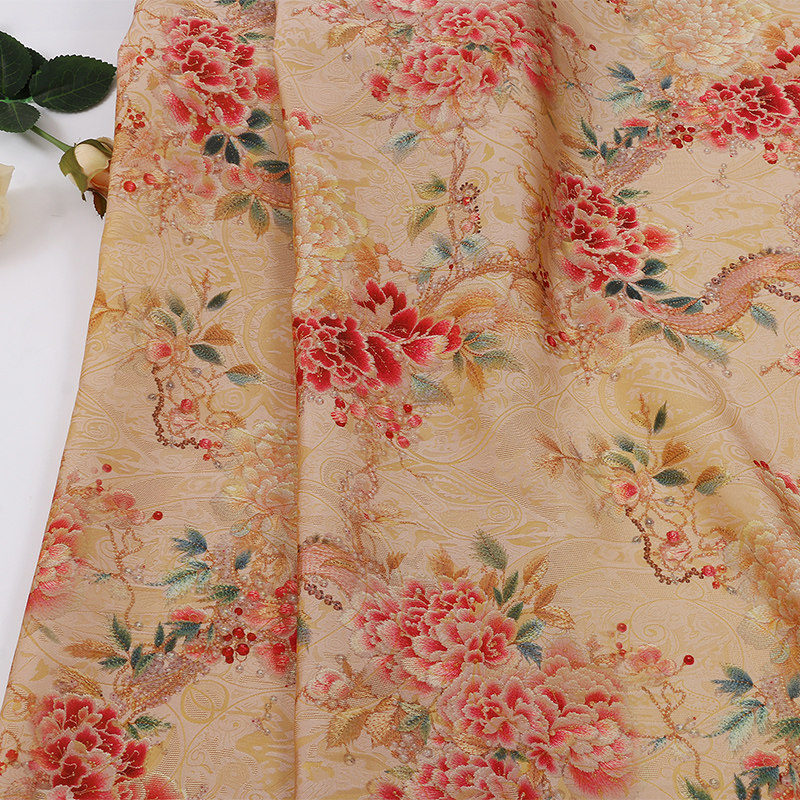 新中式浮光锦牡丹印花布 春夏旗袍连衣裙小褂服装布料 花布现货