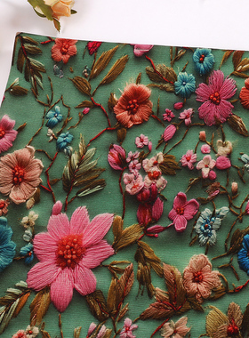 国风满绿色浮雕肌理花朵印花面料 秋冬加厚打底衫服装加厚花布