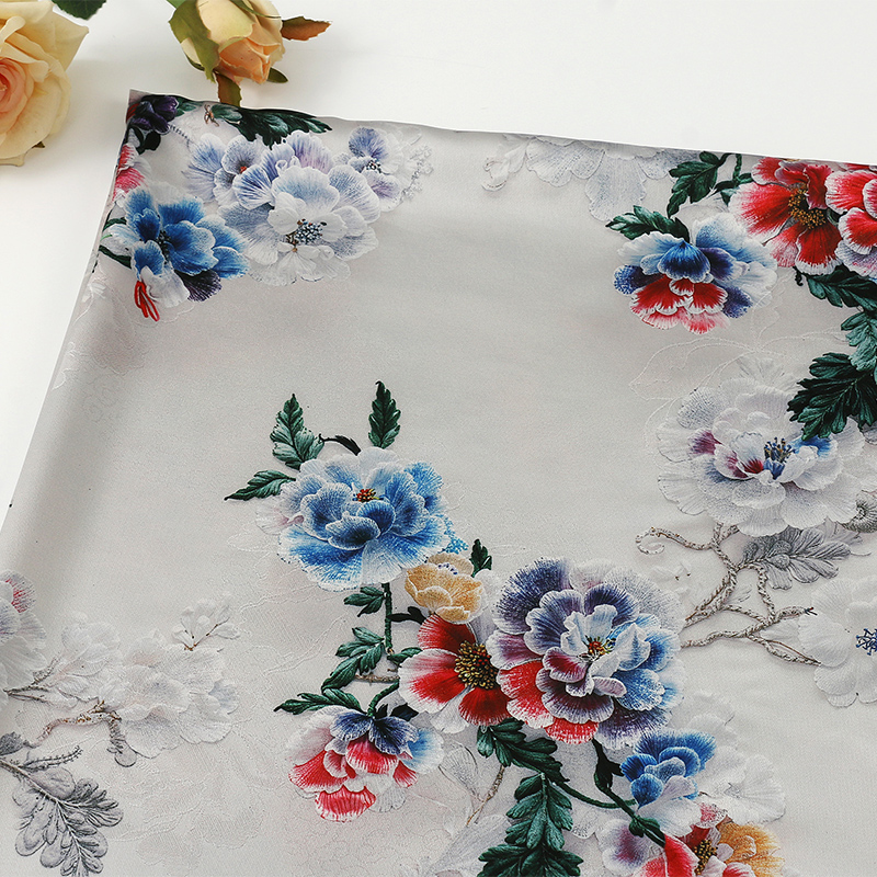 醋酸大牡丹红云纱提花面料  银色系列旗袍连衣裙面料 花布面料