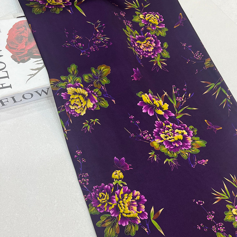 国潮大花重磅全人丝皮子料香云纱面料 新中式女装旗袍汉服印花布