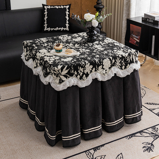 黑色复古美式正方形烤火桌子罩套加绒加厚电炉罩四方桌麻将机围布