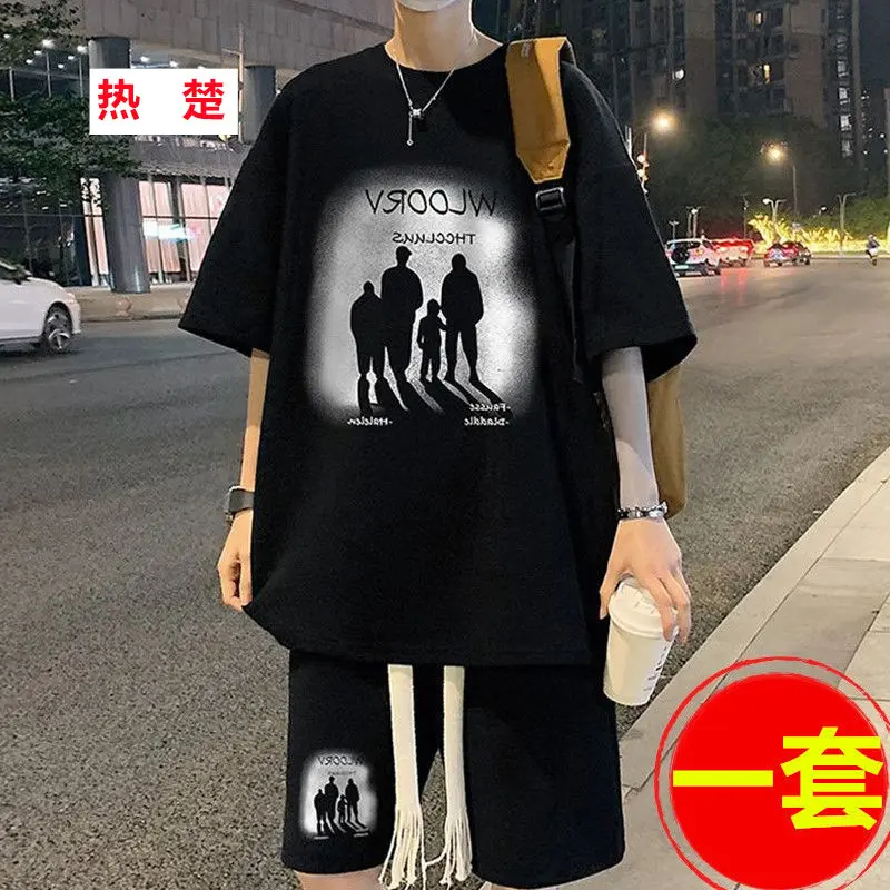 夏季华夫格套装男休闲运动潮流短裤两件套青少年搭配一套帅气12