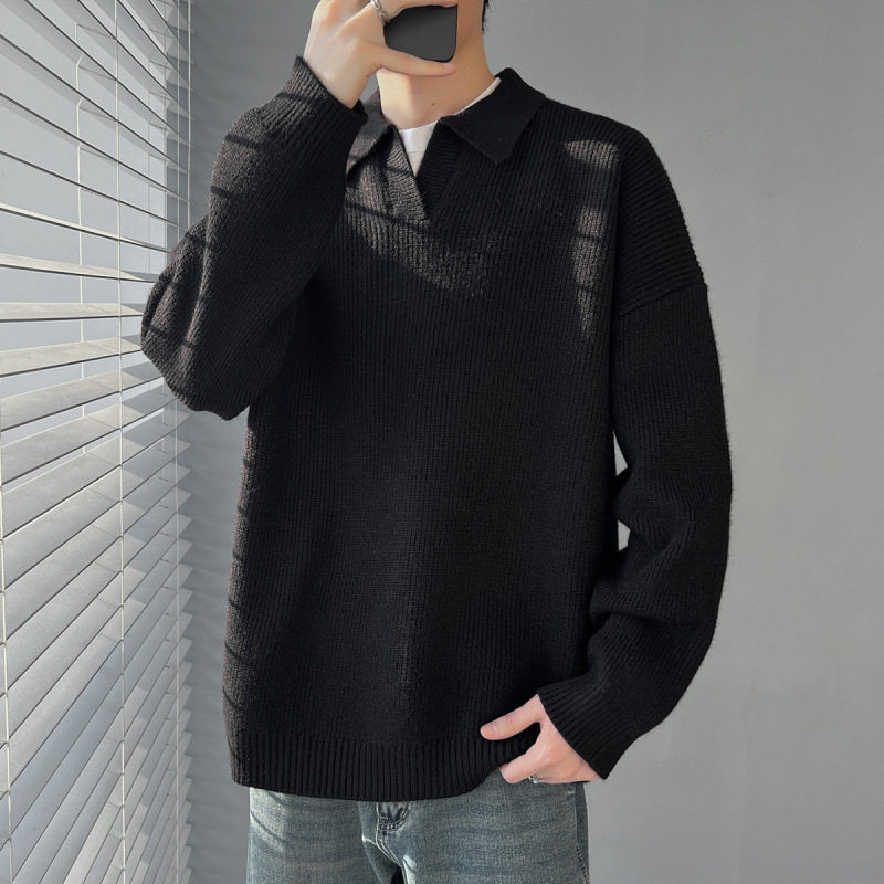 秋冬新款翻领针织毛衣男士慵懒风线衣外套宽松可衫内搭打底可外穿