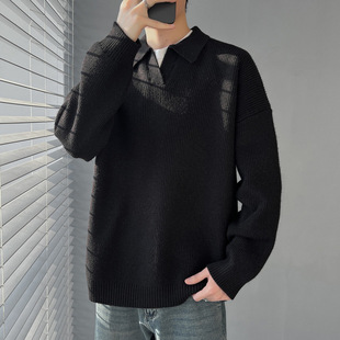 秋冬新款翻领针织毛衣男士慵懒风线衣外套宽松可衫内搭打底可外穿