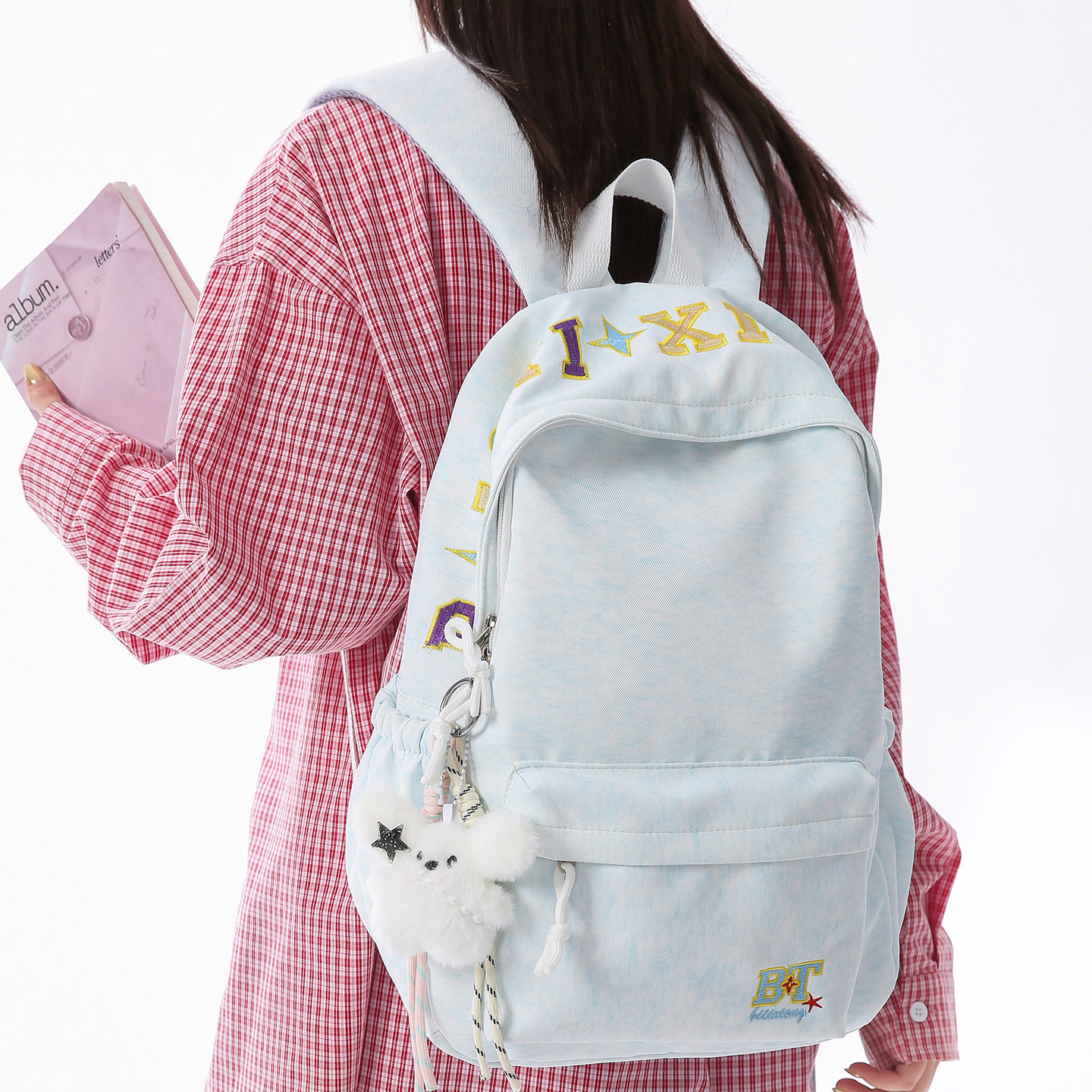 简约刺绣双肩包大容量轻便百搭学生书包高中女生通勤背包帆布背包