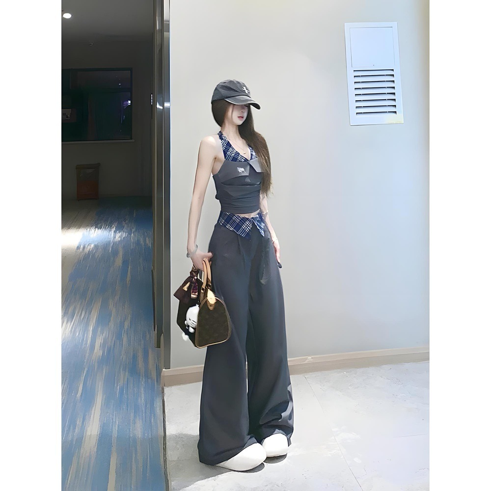 夏季挂脖上衣吊带套装女休闲新款小个子夏日ootd穿搭阔腿裤两件套