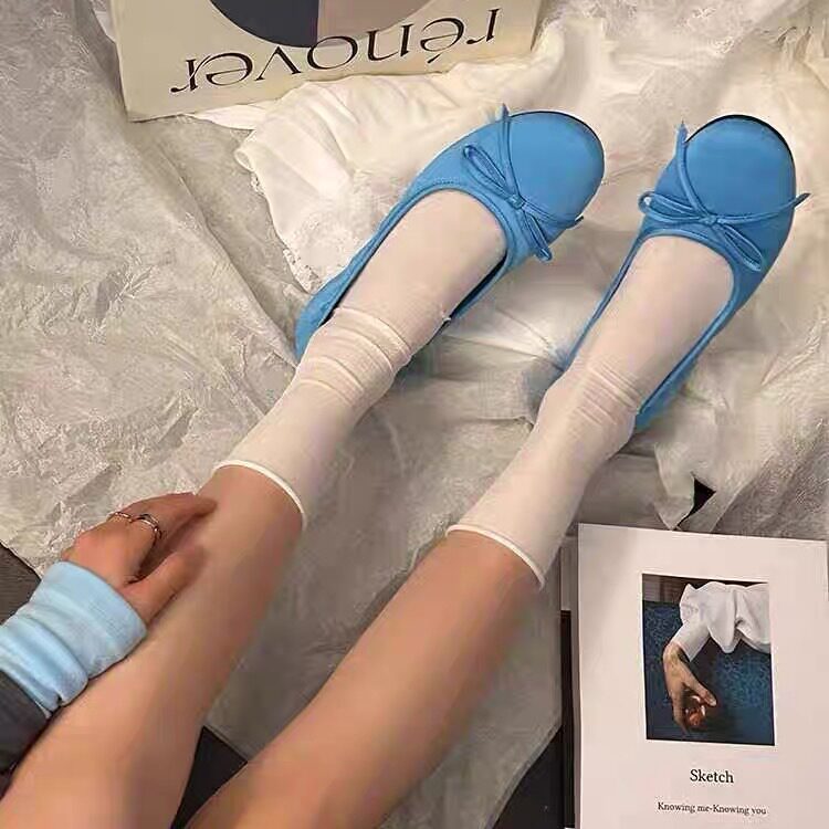 高级羊皮版蓝色单鞋女新款蝴蝶结圆头一脚蹬浅口平底芭蕾舞鞋