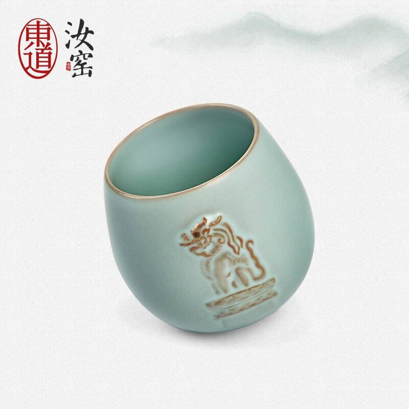 正品东道汝窑盛世杯开片主人杯不倒杯百年盛世雄狮茶杯精品纪念款