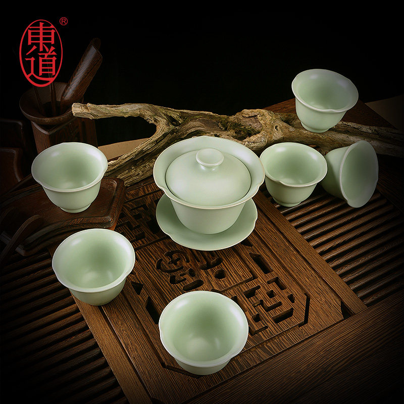 正品东道汝窑功夫茶具 正品开片陶瓷盖碗茶杯整套套装莲心茶组