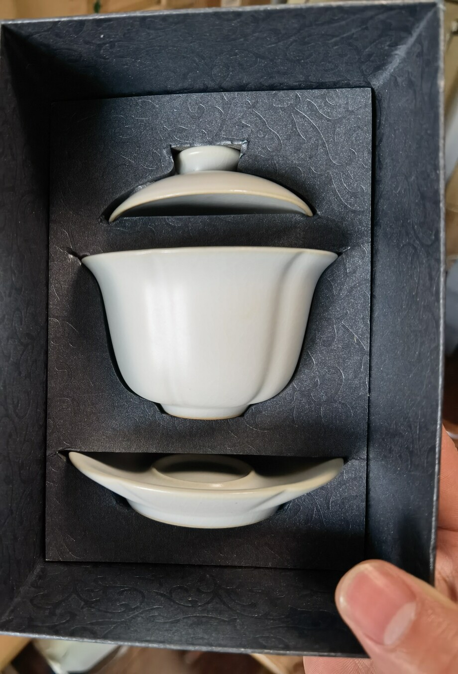 正品东道汝窑中葵盖碗月白色礼盒装绝版老款蝉翼纹开片三才碗