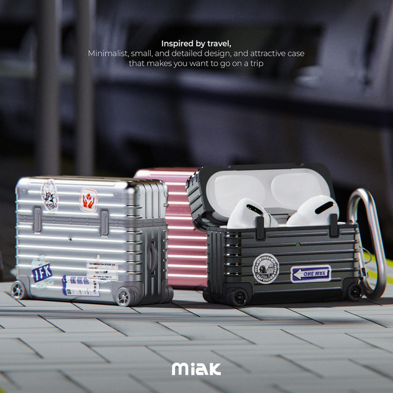 韩国miak耳机壳行李箱银色Airpodspro3耳机壳金属质感旅行箱高级感收纳盒贴纸diy防摔挂绳带挂钩硅胶套软内壳