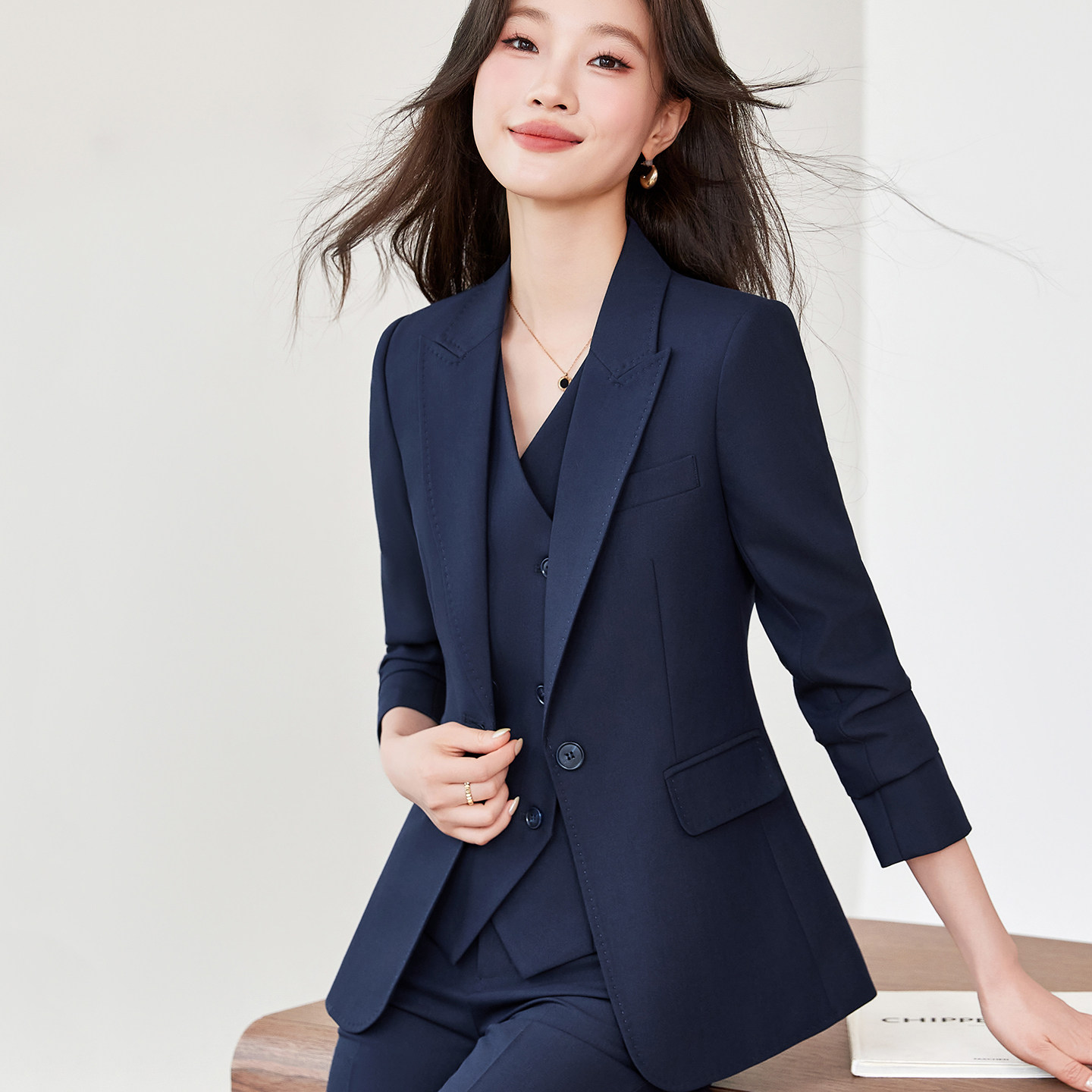 藏青教资面试女西装套装高级感