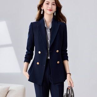 干练气质藏青色西装套装女秋季新款休闲商务通勤双排扣职业装西服